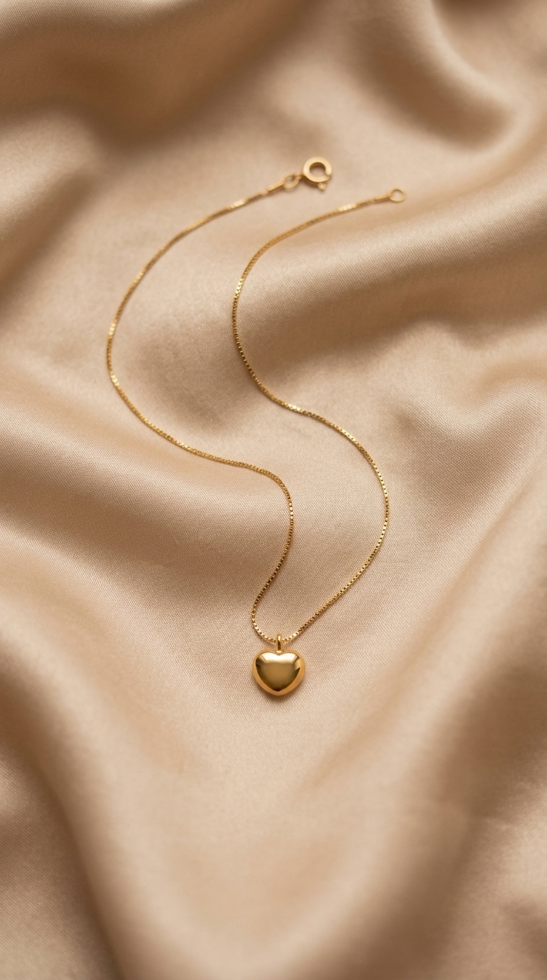 Gold Satellite Chain Necklace with Puffed Heart Pendant - Thumbnail 2