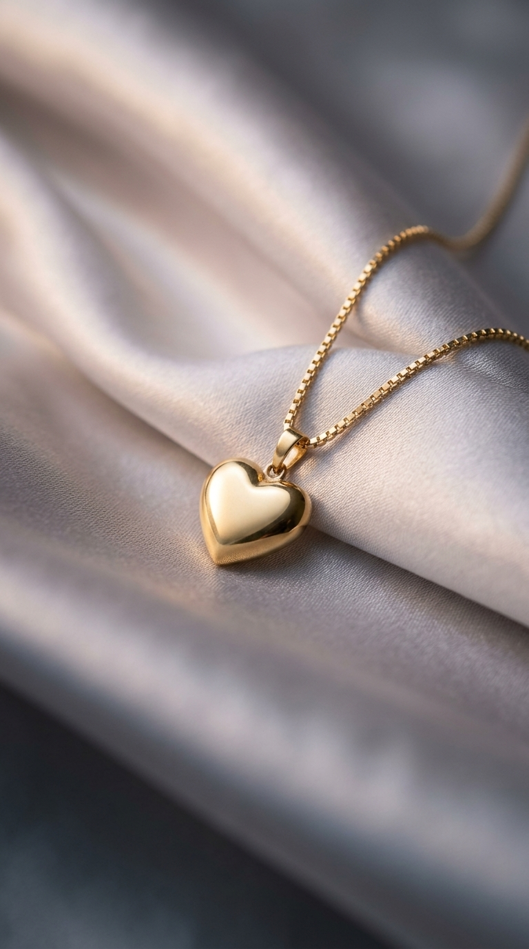 Gold satellite chain necklace with small beads and a puffed heart pendant on fabric background