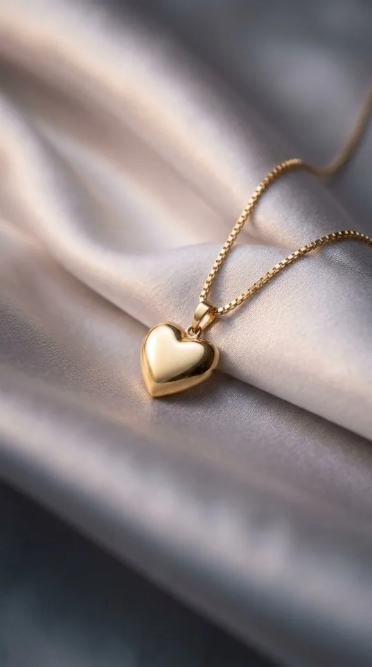 Gold satellite chain necklace with small beads and a puffed heart pendant on fabric background