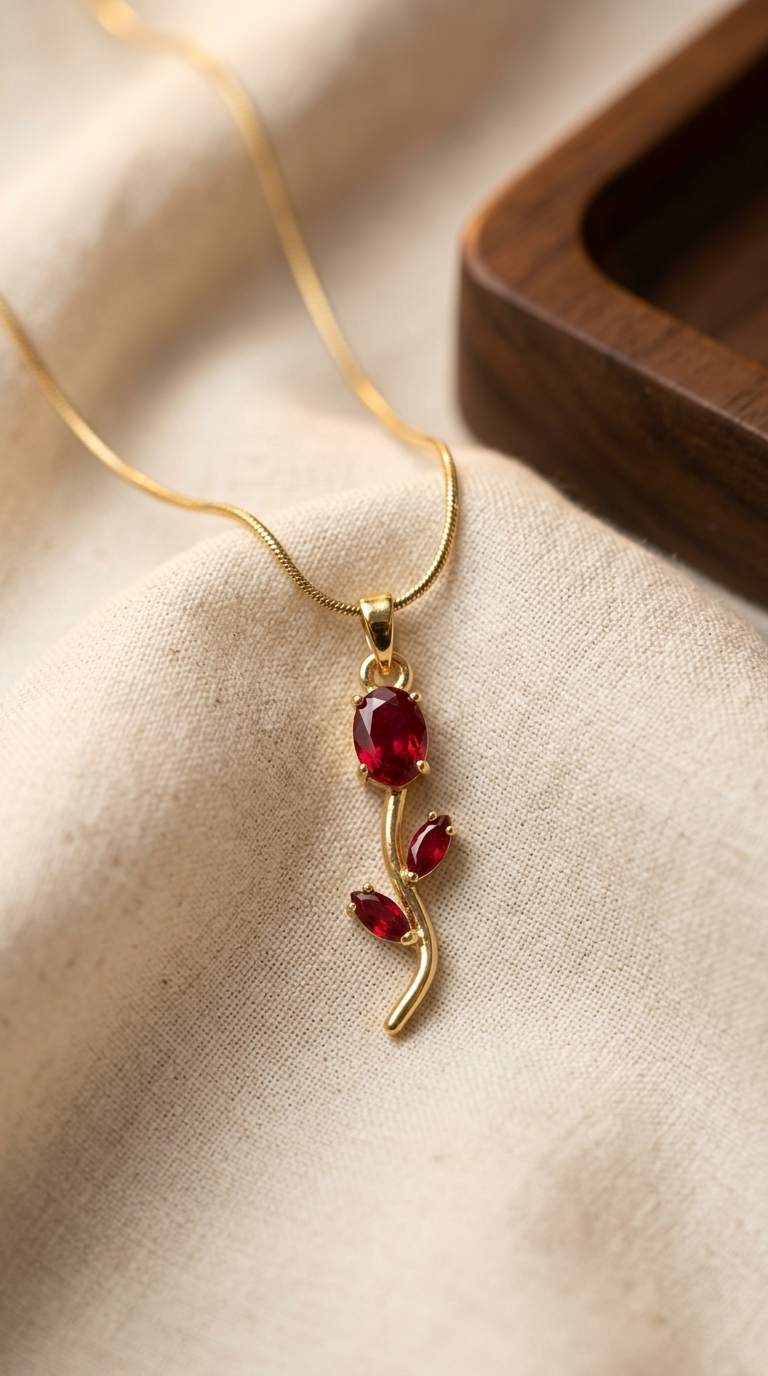 Gold Floral Branch Pendant Necklace - Ruby Red - Thumbnail 2