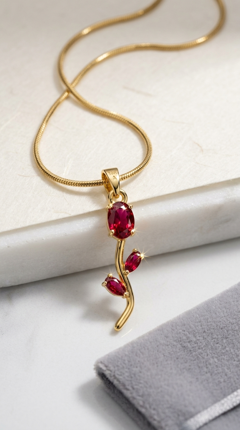 Gold branch pendant necklace with ruby red crystal accents