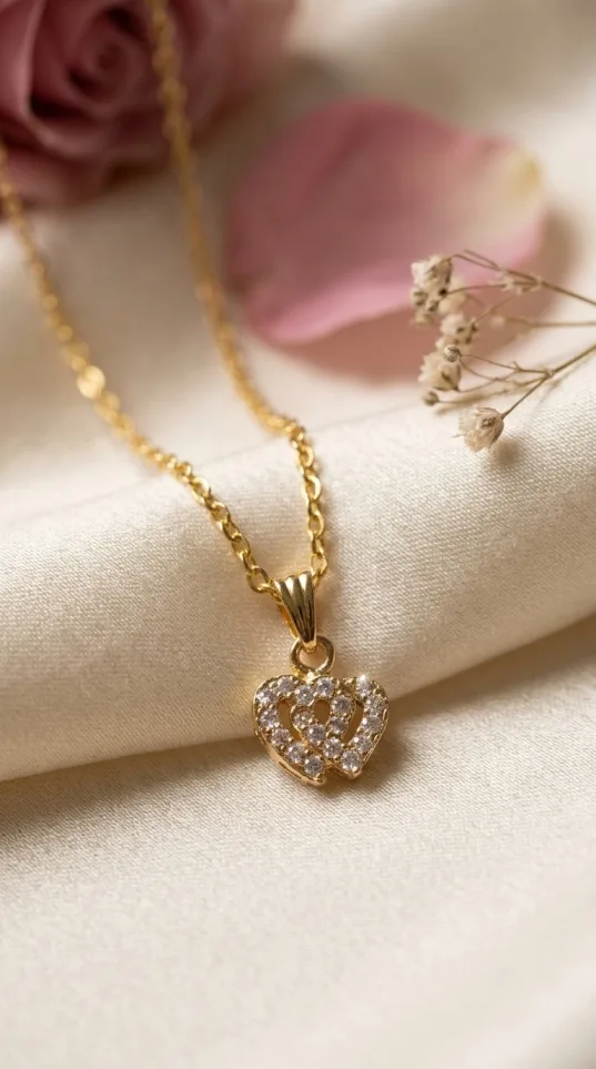 Gold-tone double heart pendant necklace paved with cubic zirconia stones