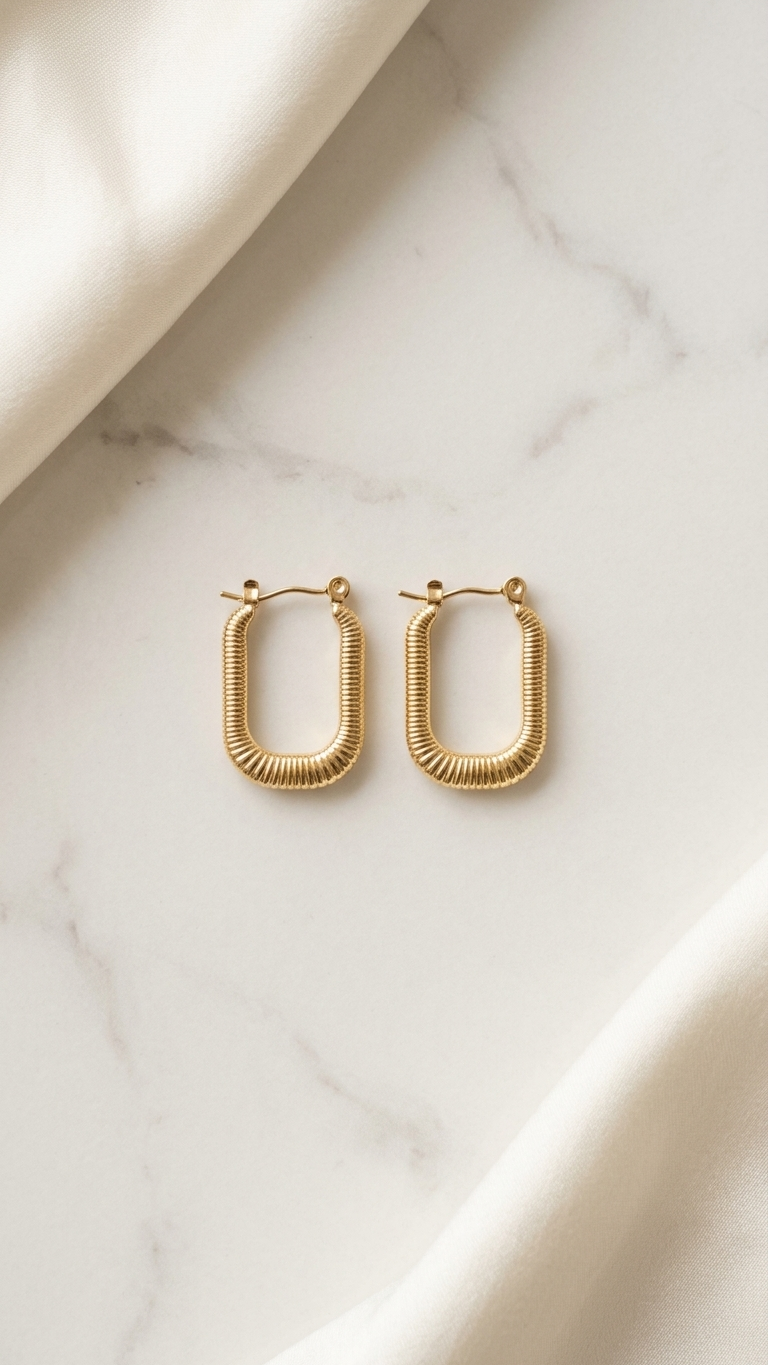 pair of gold-tone rectangular-shaped huggie hoop earrings with a fine horizontal ribbed texture, displayed on a shimmering champagne-colored fabric.