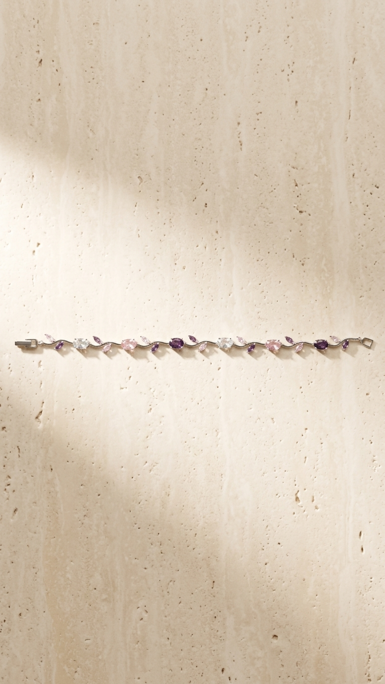 Elegant vine-style bracelet with multicolor stones and leaf design on satin fabric, stylish jewelry for women