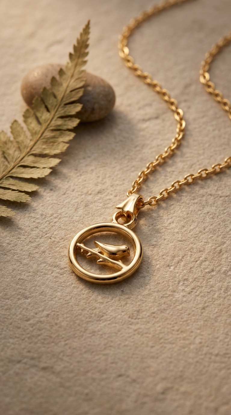 Gold Bird in Circle Pendant Necklace - Thumbnail 2