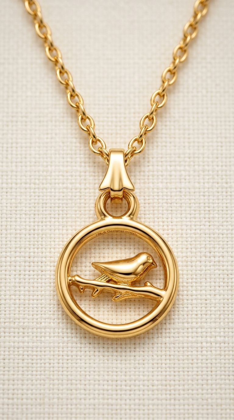 Gold-tone bird on branch pendant necklace framed in a circle