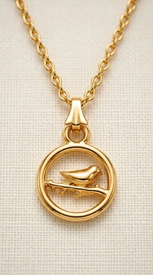 Gold-tone bird on branch pendant necklace framed in a circle