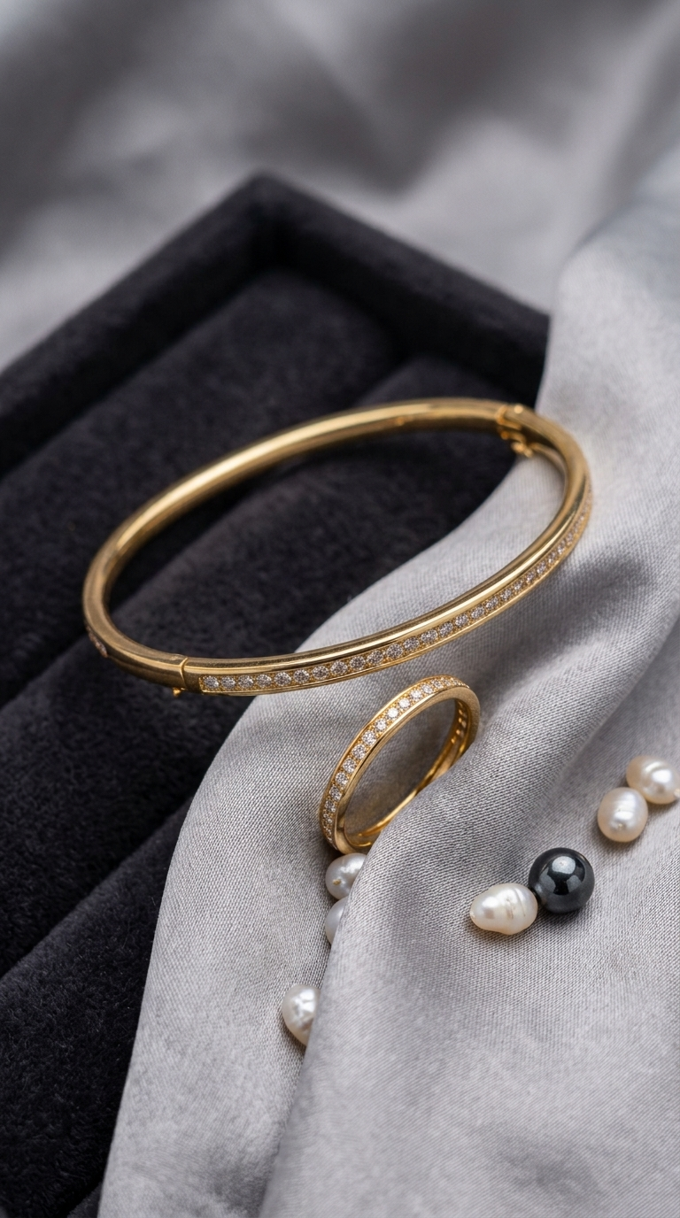 Gold pavé crystal bangle and ring set with continuous stone line on fabric