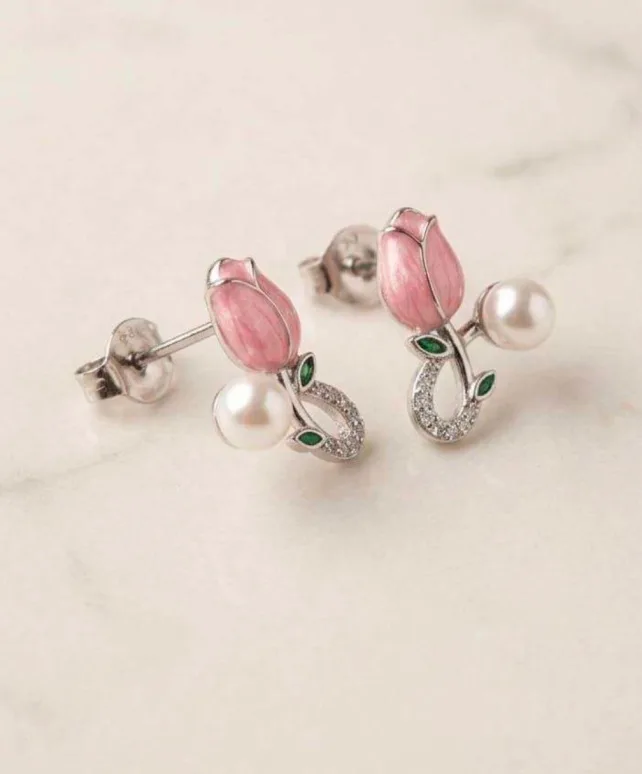 Silver-tone pink tulip stud earrings with pearl and cubic zirconia stem, front view