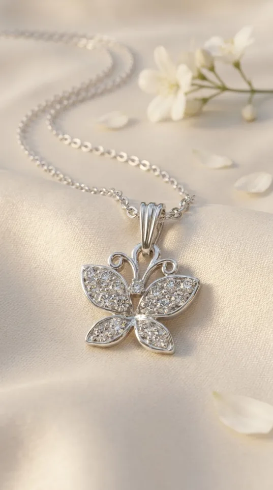 Silver butterfly pendant necklace with cubic zirconia paved wings
