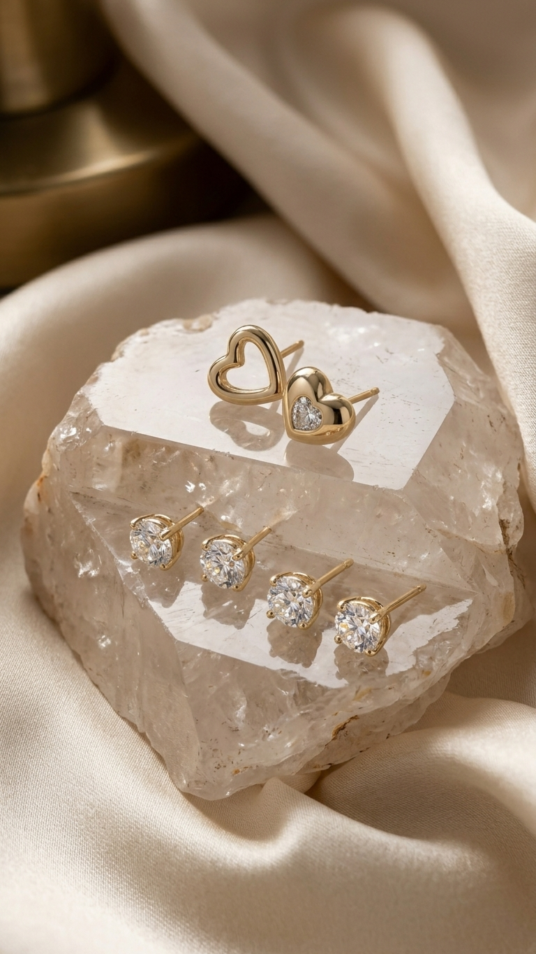 Minimal Heart & Crystal Stud Earrings Combo - Additional View 2