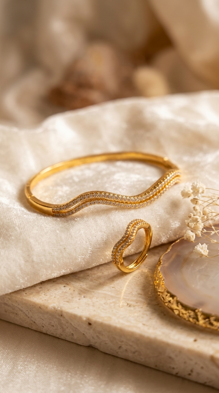 Gold Zigzag Crystal Bangle and Ring Set - Thumbnail 3