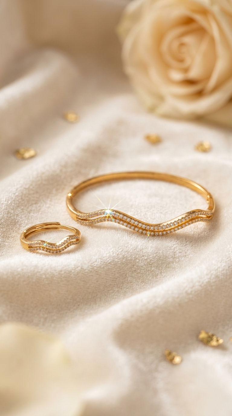 Gold Zigzag Crystal Bangle and Ring Set - Thumbnail 4