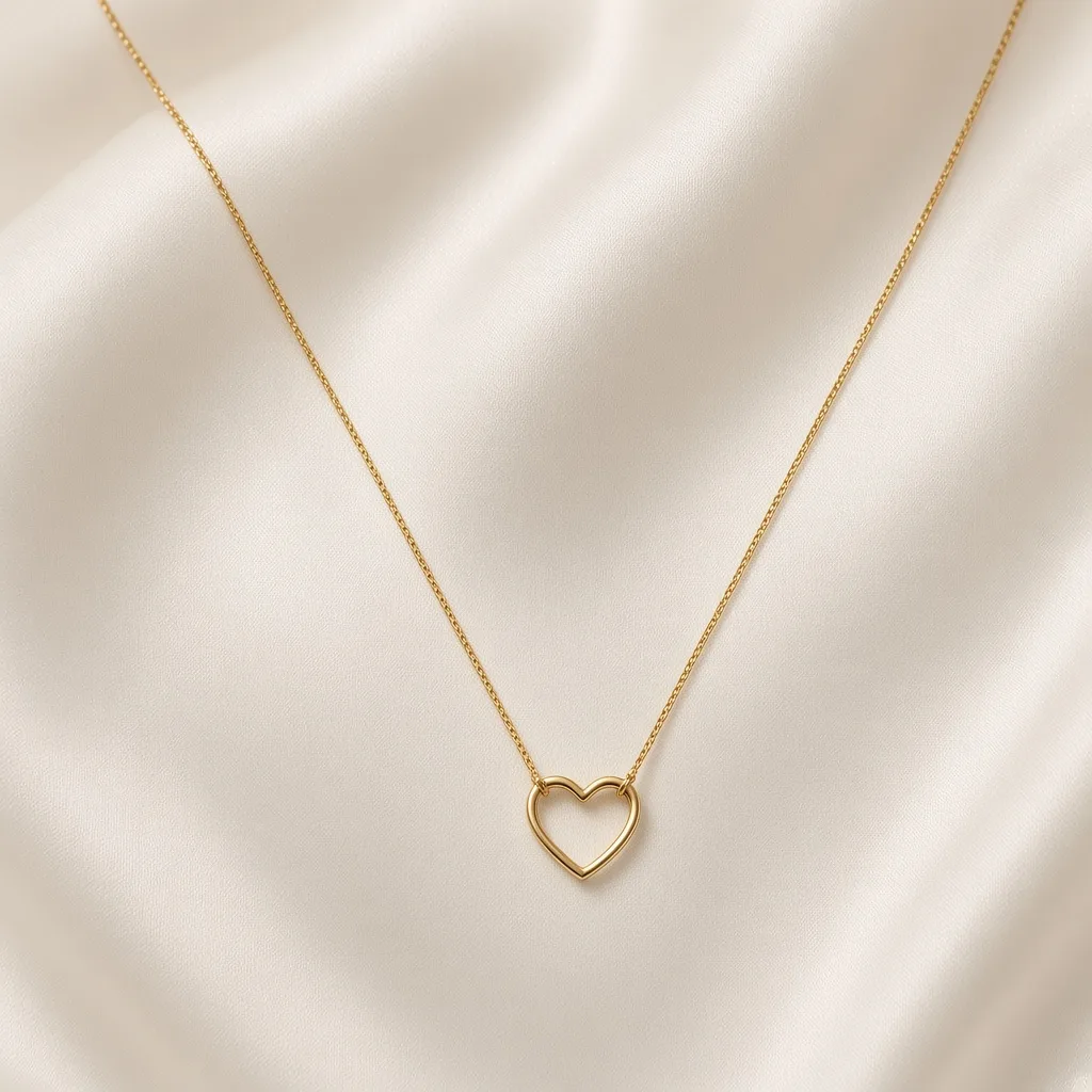 Gold open heart outline pendant necklace on white silk — 18k gold plated anti-tarnish necklace by The Luxe Jewels