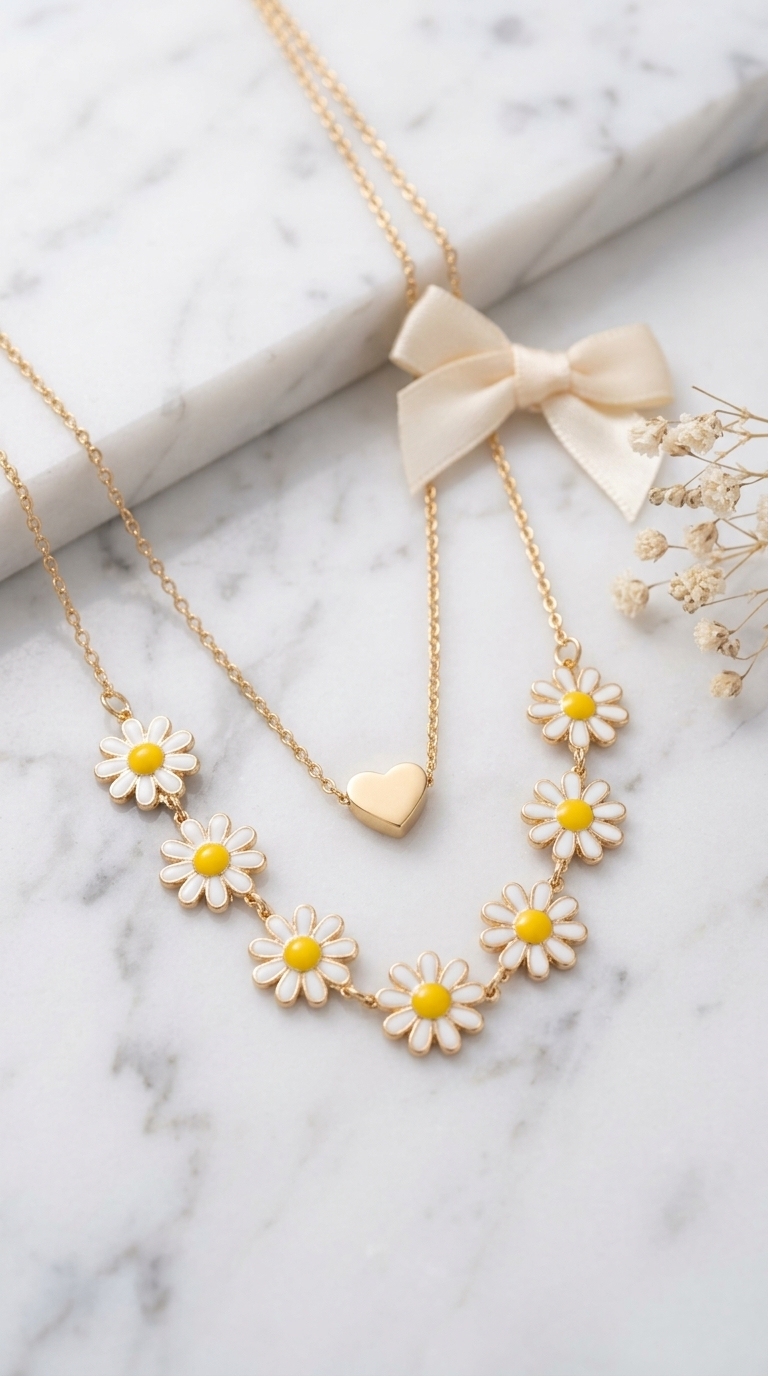 Gold layered necklace with heart charm and enamel daisy flowers