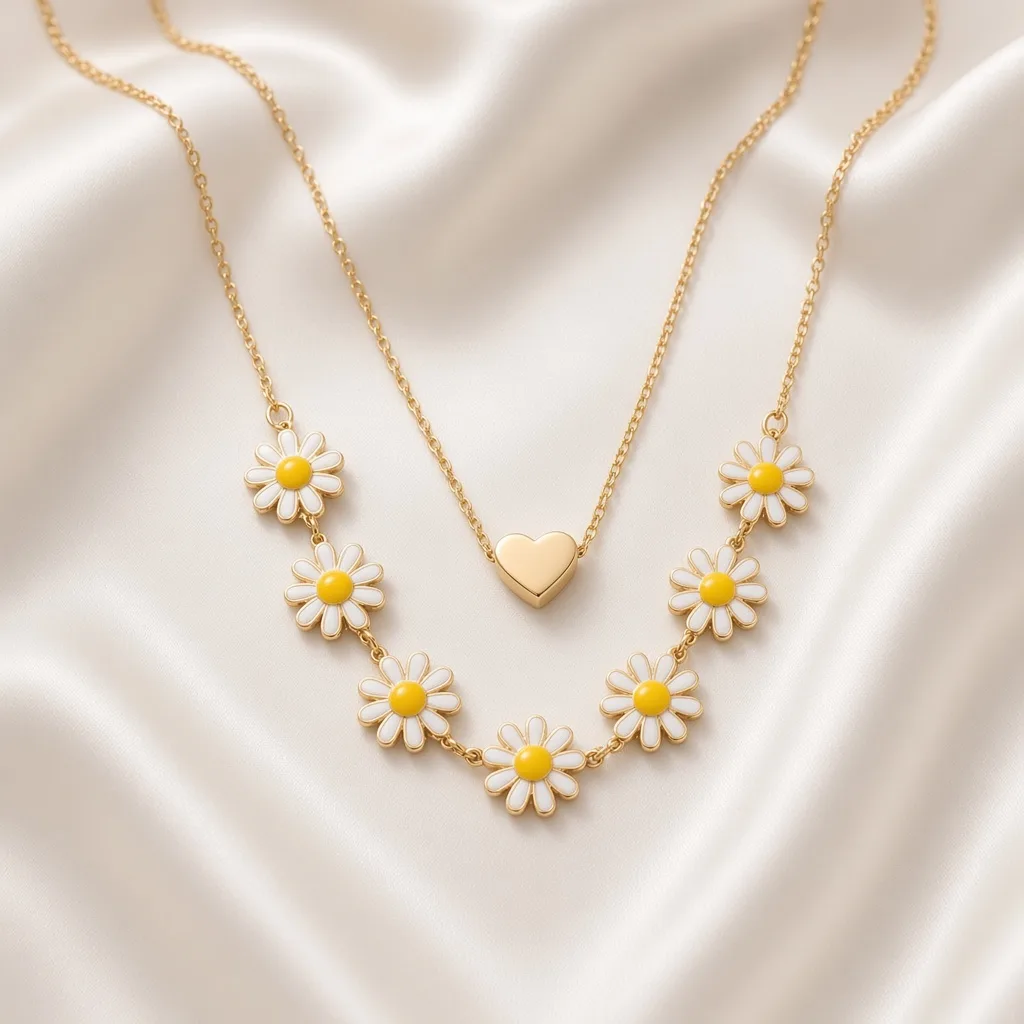 Gold layered necklace with heart charm and enamel daisy flowers