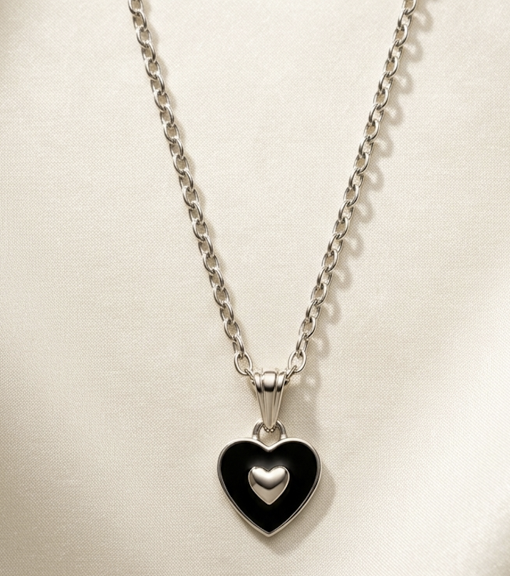 Black Heart Pendant Necklace with Silver Heart Accent - Thumbnail 2