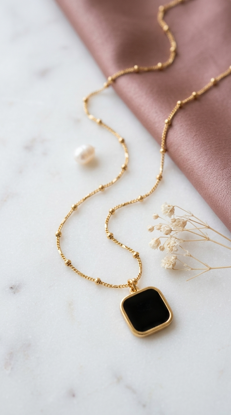 Gold Satellite Chain Necklace with Black Square Pendant - Thumbnail 2