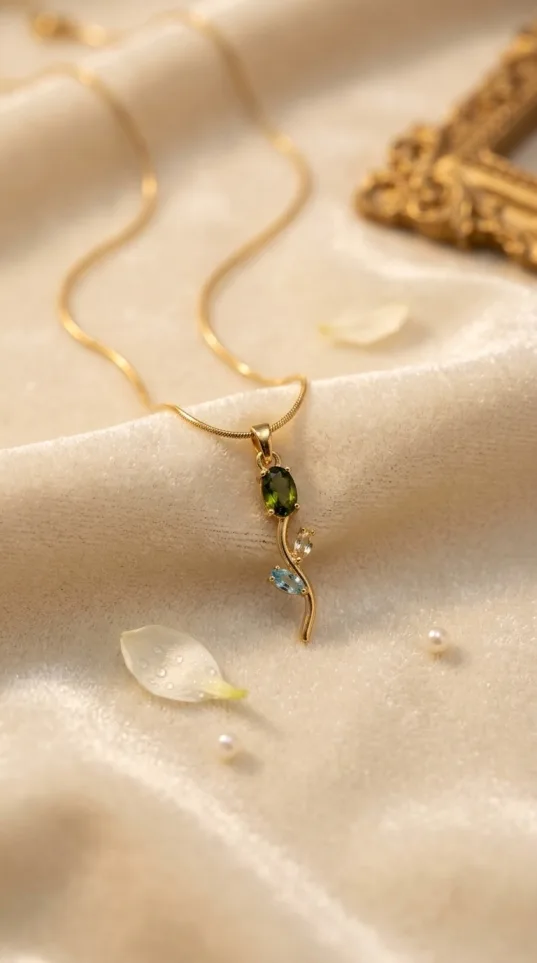 Gold branch pendant necklace with green and blue crystal accents