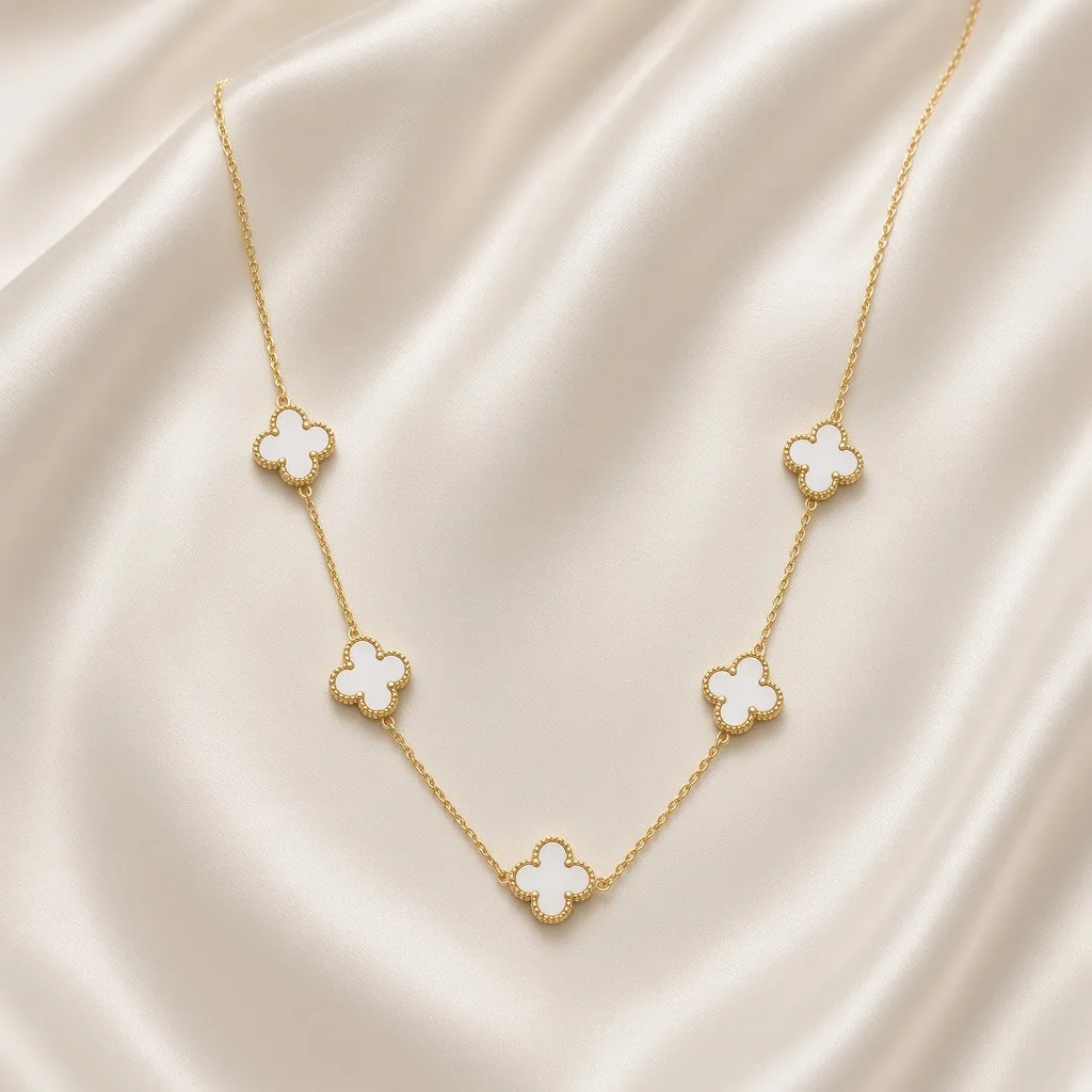Gold necklace with five white clover motifs on silk — 18k gold plated anti-tarnish necklace by The Luxe Jewels