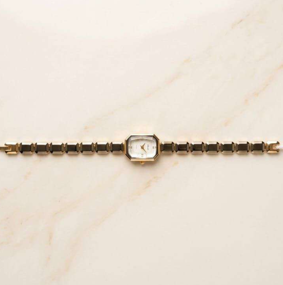 Gold-tone vintage-style link bracelet watch with rectangular white dial