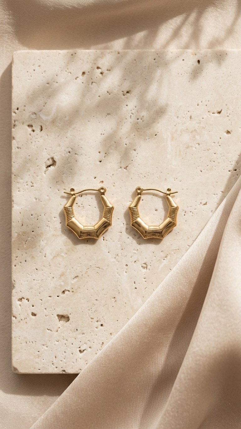 A pair of gold-tone hexagonal huggie hoop earrings featuring a segmented bamboo texture, displayed on a shimmering white fabric background.