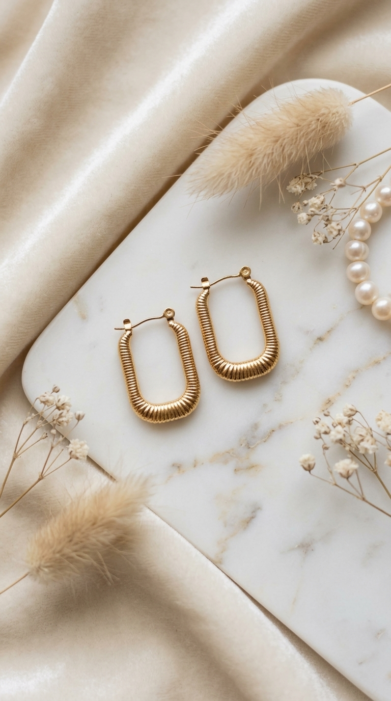 Ribbed Texture Gold Rectangular Hoop Earrings - Thumbnail 2