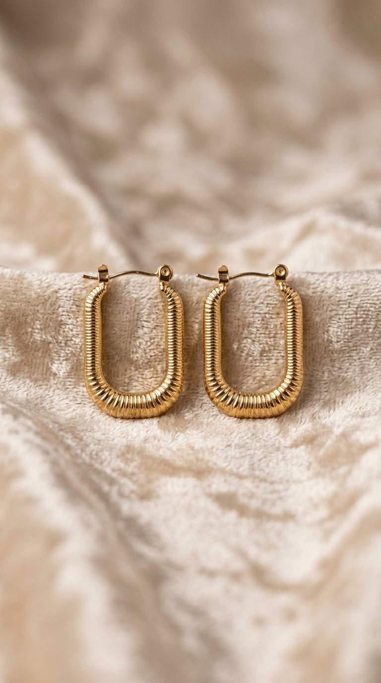 Gold ribbed textured rectangular hoop earrings on fabric background