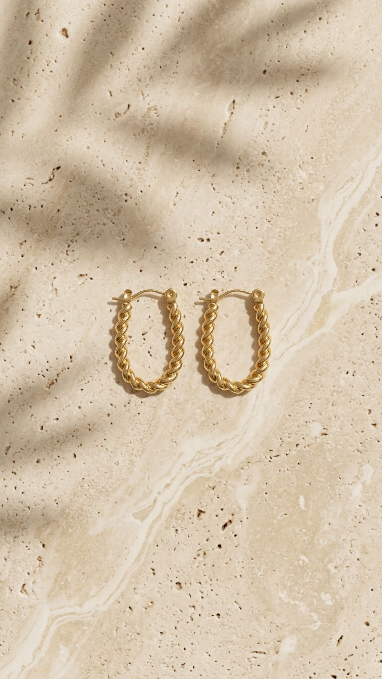 pair of elongated oval gold-tone hoop earrings with a twisted rope texture, displayed on a shimmering white fabric background. 