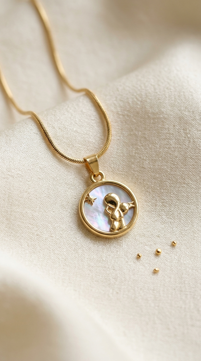 Gold necklace with a round coin-style engraved pendant on a fine chain