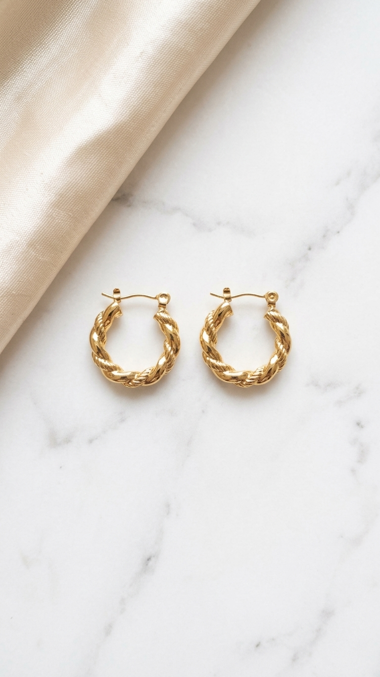 A pair of medium-sized gold-toned hoop earrings with a thick twisted or braided texture, shown on a white marble surface with neutral silk fabric.
