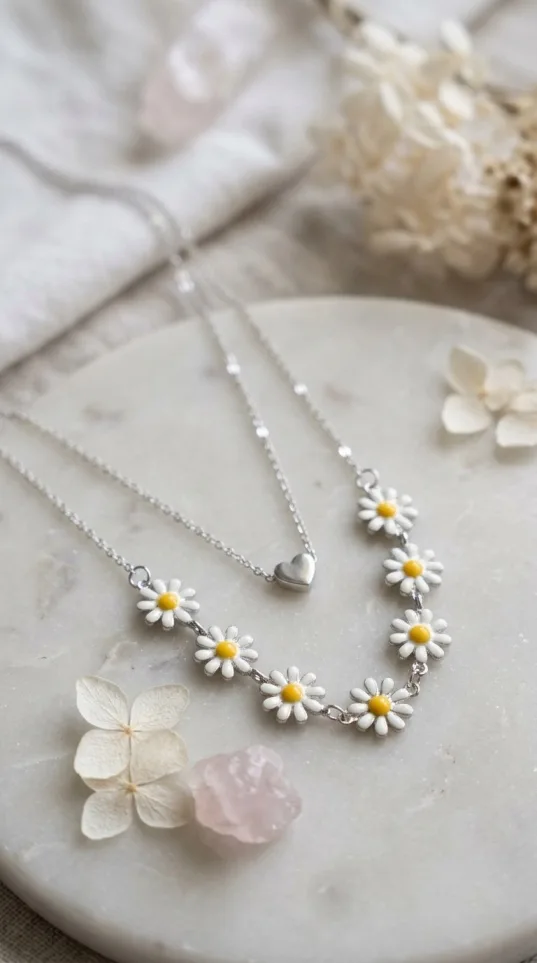 Silver layered necklace with heart charm and enamel daisy flowers