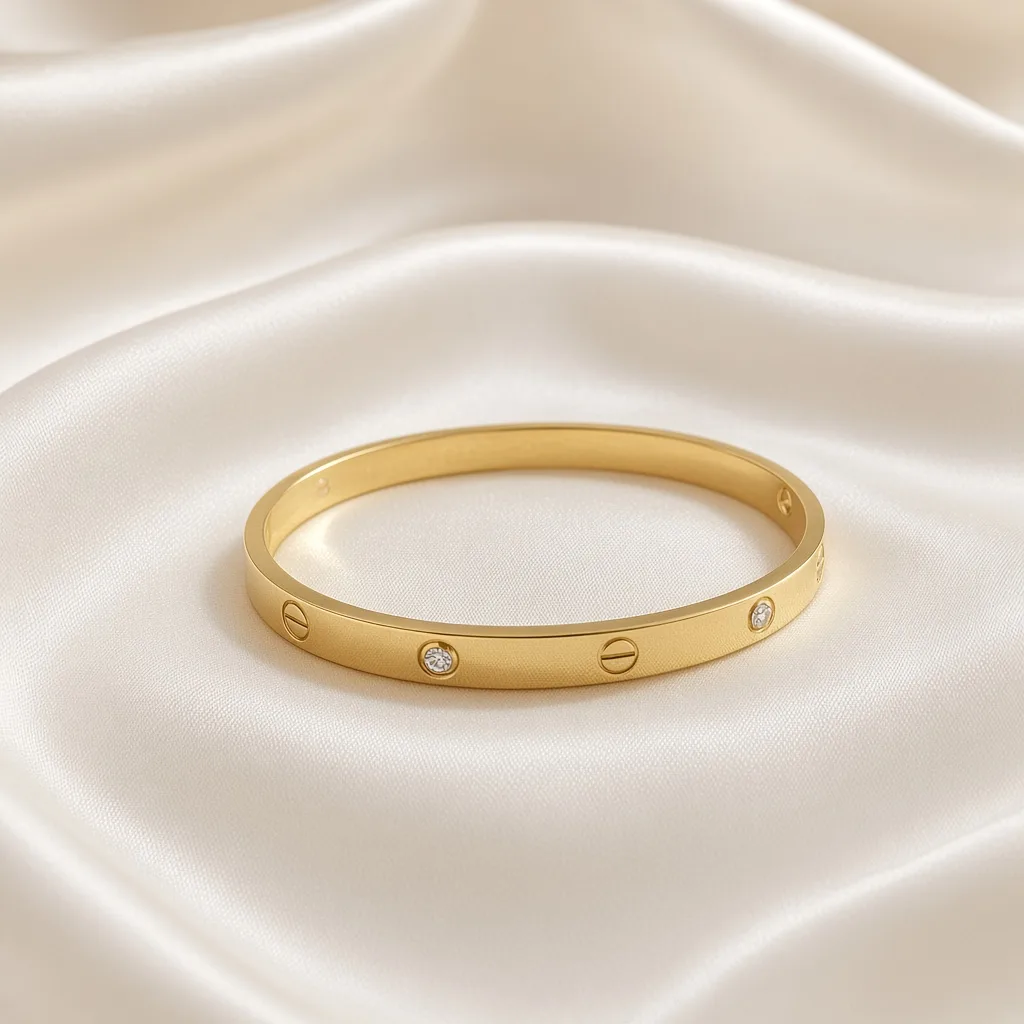 Gold screw-motif bangle with cubic zirconia accents — 18k gold plated anti-tarnish bracelet by The Luxe Jewels