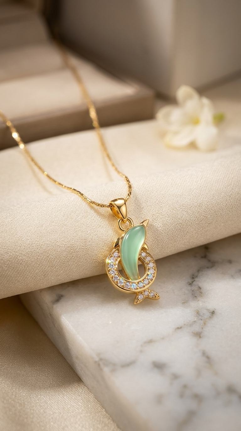 Gold Dolphin Pendant Necklace with Cubic Zirconia - Thumbnail 2
