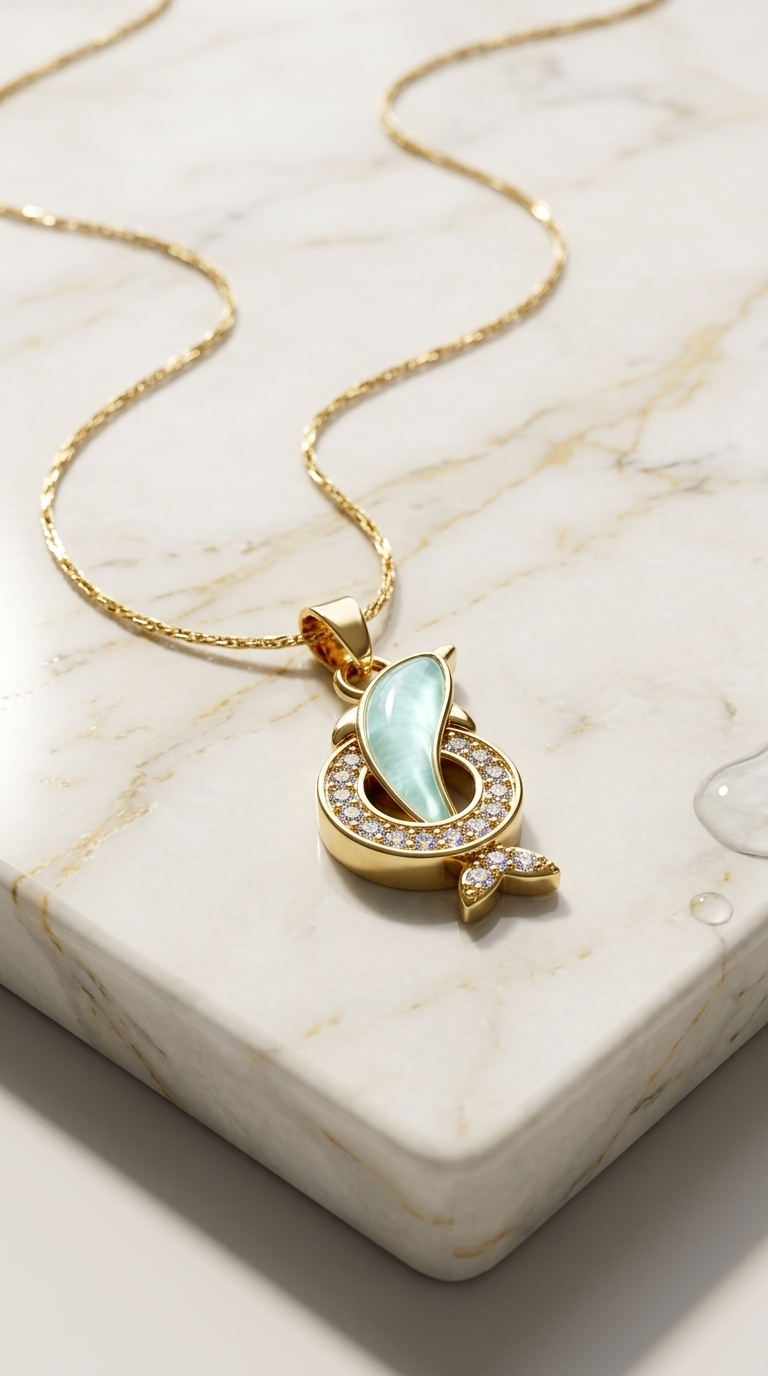 Gold Dolphin Pendant Necklace with Cubic Zirconia - Thumbnail 3