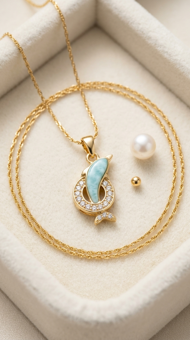 Gold dolphin pendant necklace with cubic zirconia and crescent moon accent