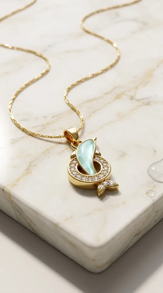 Gold dolphin pendant necklace with cubic zirconia and crescent moon accent