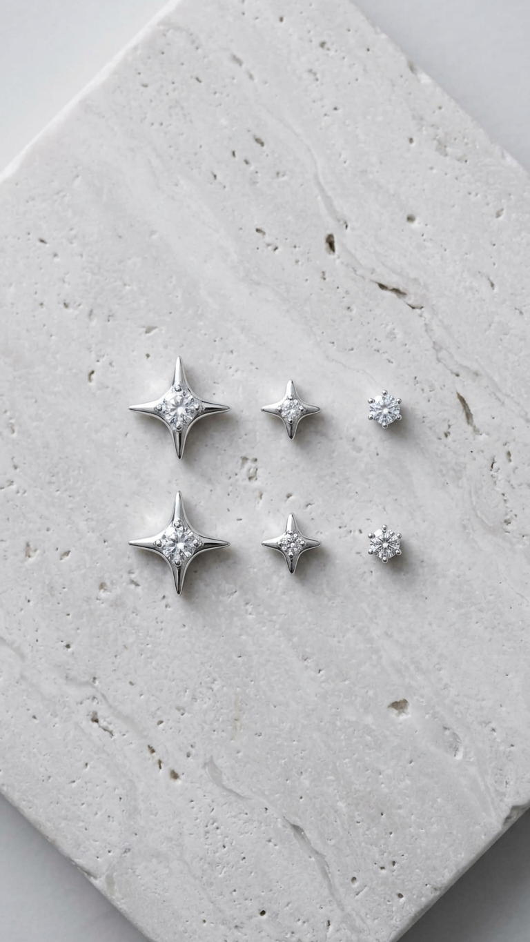 A collection of three pairs of silver-toned earrings on a white display card, featuring four-pointed starbursts, small floral-shaped studs, and round clear crystals.