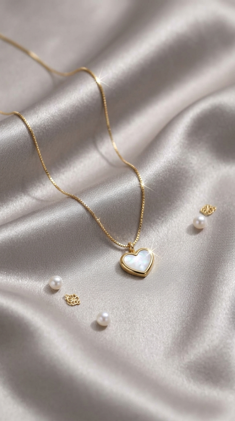 Gold Heart Necklace with Mother-of-Pearl Inlay - Thumbnail 2