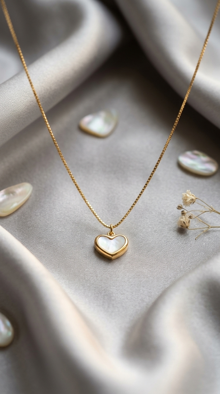 Gold Heart Necklace with Mother-of-Pearl Inlay - Thumbnail 3