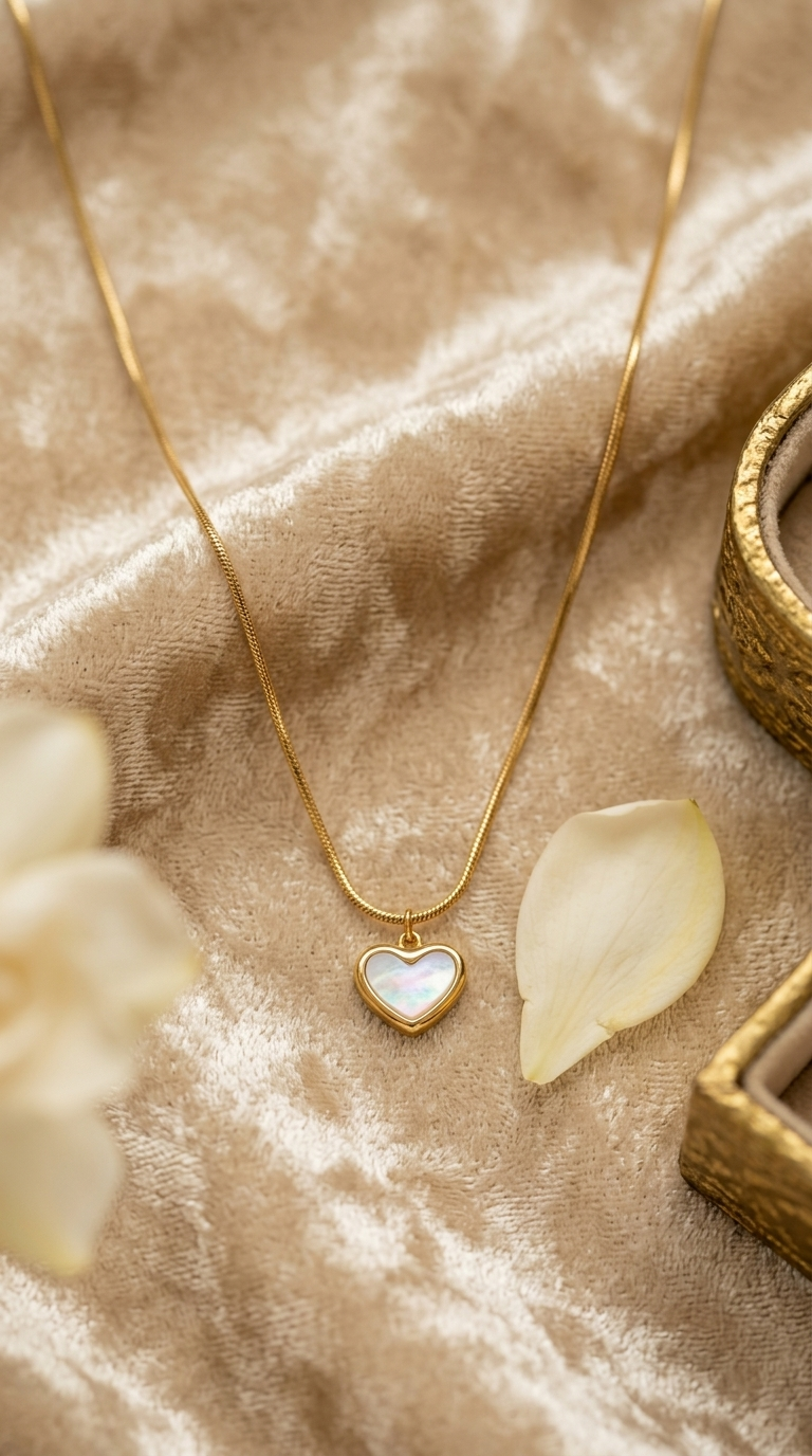 Gold heart necklace with white mother-of-pearl inlay pendant on a fine chain
