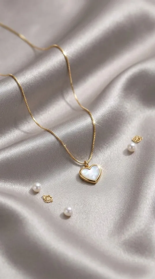 Gold heart necklace with white mother-of-pearl inlay pendant on a fine chain