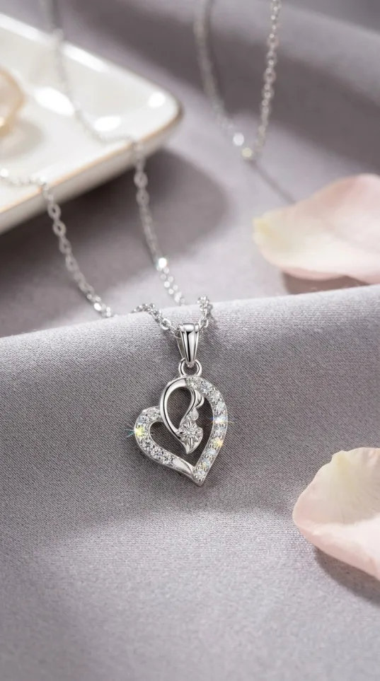 Silver heart outline pendant necklace with cubic zirconia stones and swirl detail