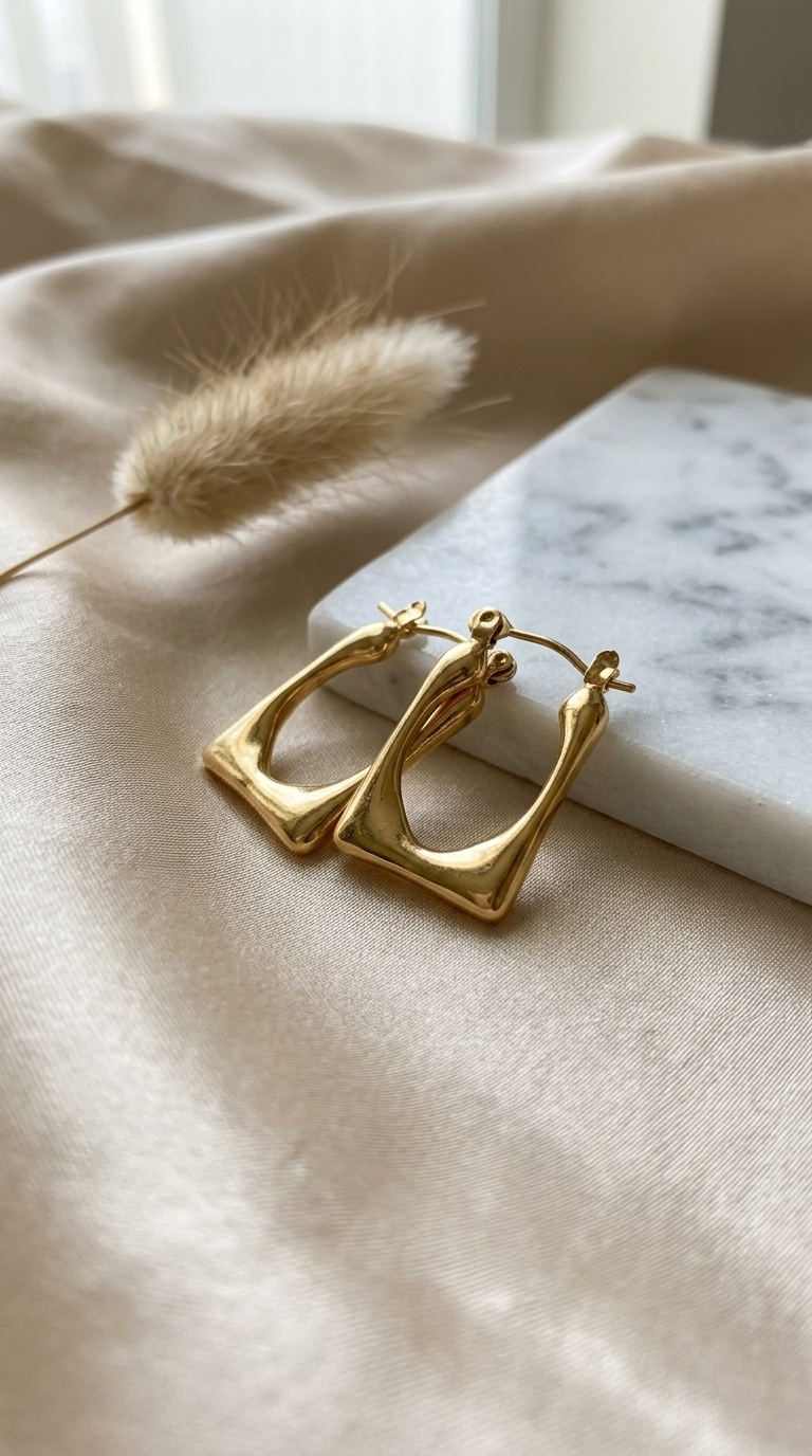 Gold-tone square hoop earrings with sculpted rectangular design on fabric background