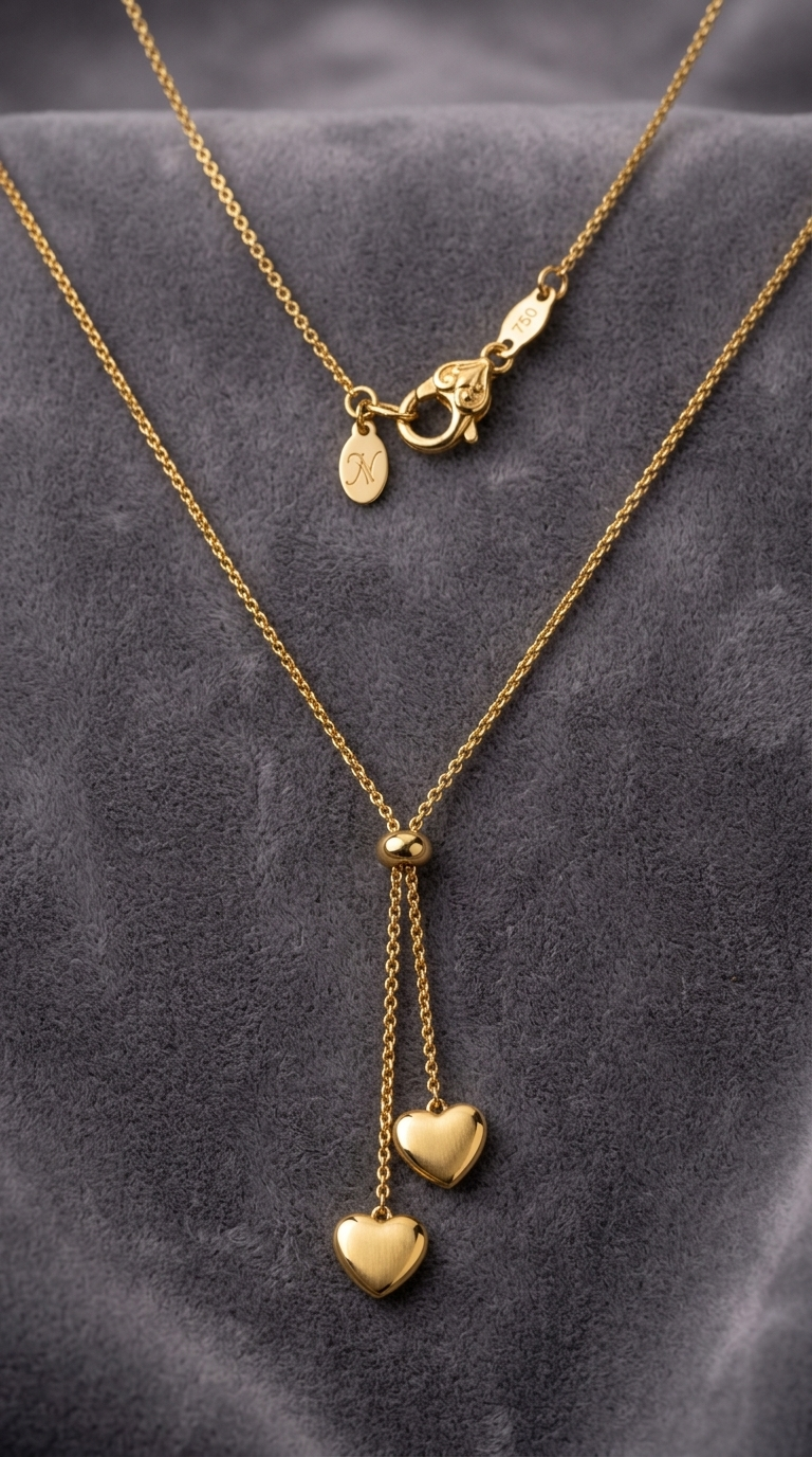 Adjustable Gold Lariat Necklace with Double Heart Charms - Thumbnail 2