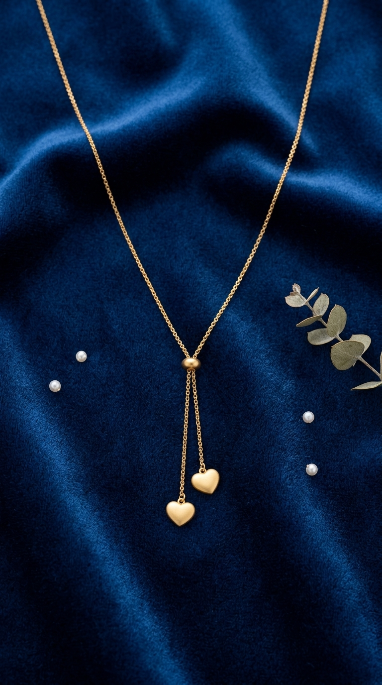 Adjustable Gold Lariat Necklace with Double Heart Charms - Thumbnail 3