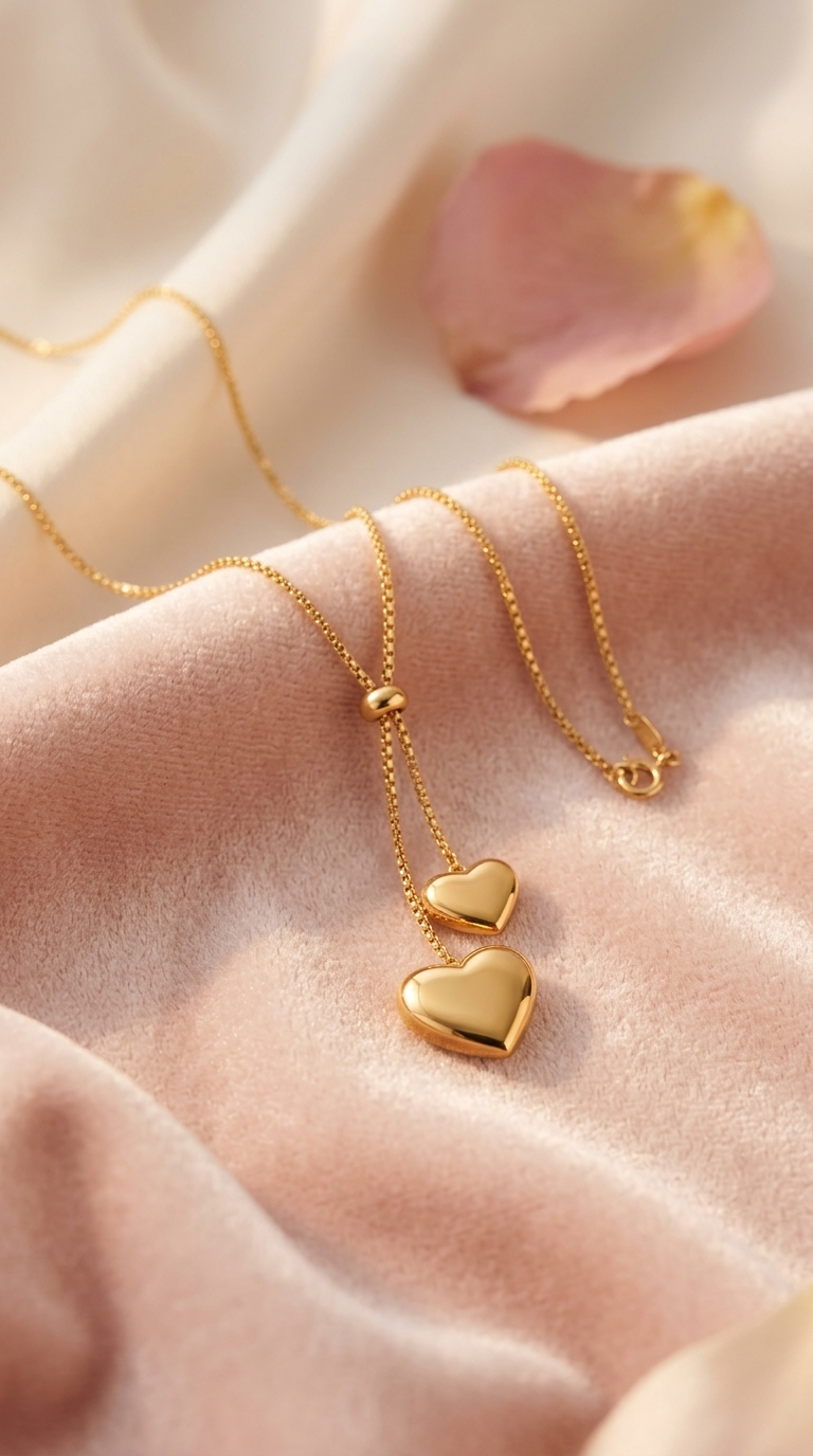 Adjustable gold lariat necklace with two dangling heart charms laid on a fabric background