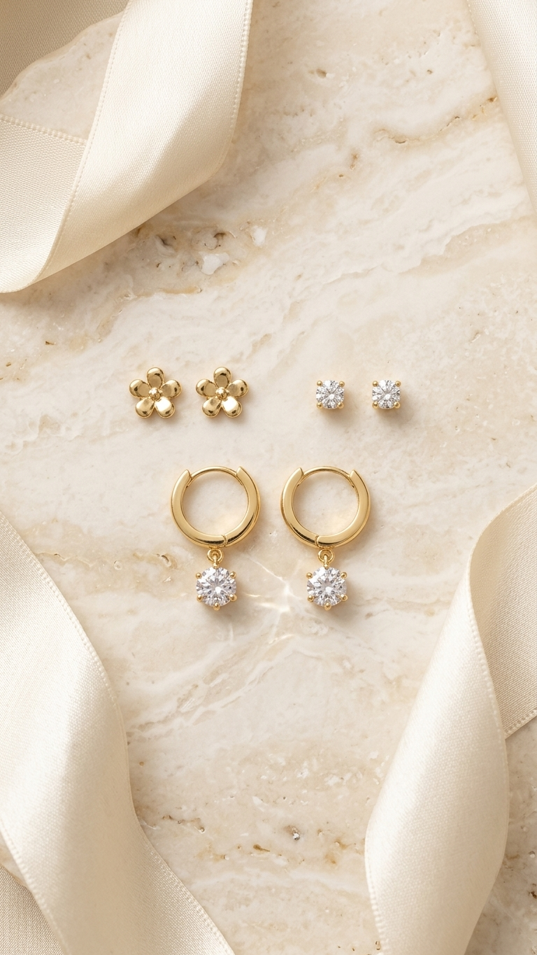 A set of three pairs of gold-toned earrings on a dark blue circular card, featuring small flower studs, round crystal studs, and huggie hoops with a dangling clear crystal.