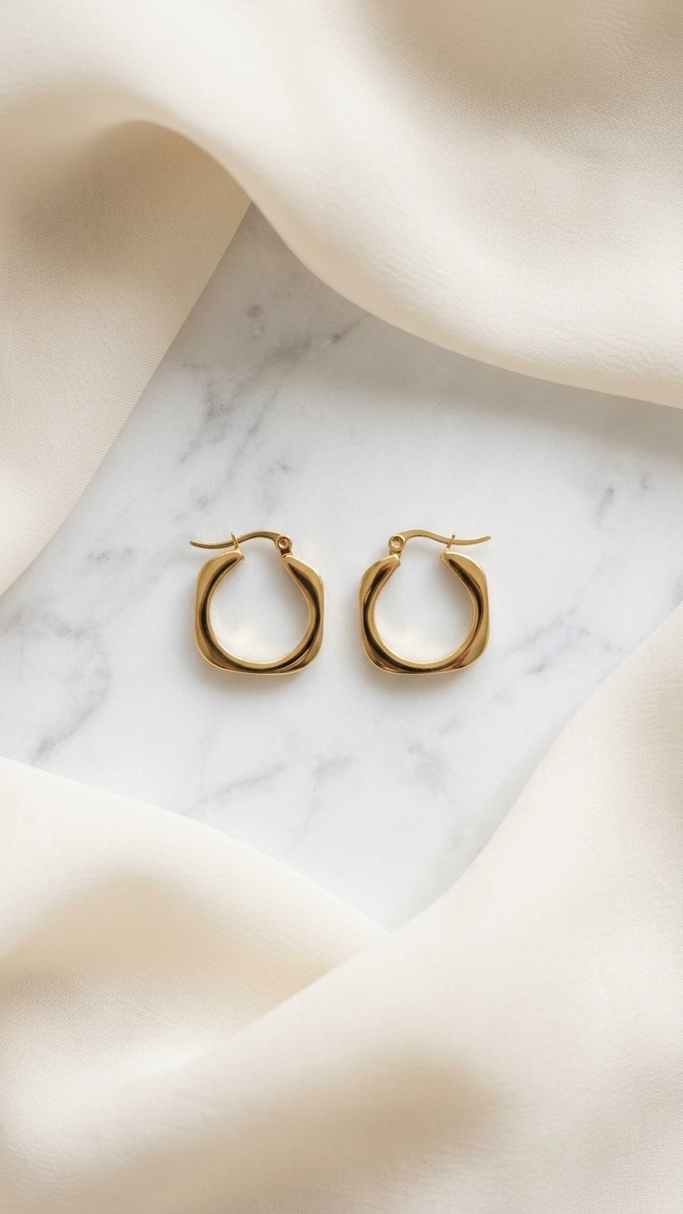pair of gold-tone huggie hoop earrings with a soft square geometric shape and a polished finish, resting on a shimmering ivory fabric background.