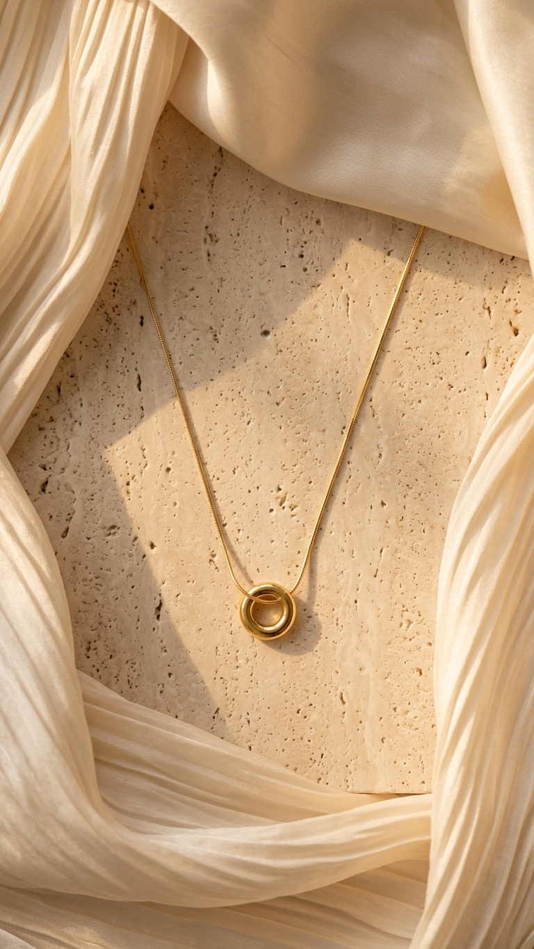 Minimalist gold necklace with small circular ring pendant on satin background